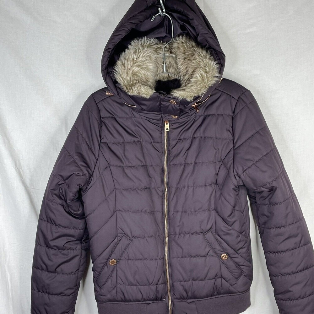 Aeropostale Juniors‎ Size XS Purple Puffer Coat Jacket Faux Fur Trim Hidden Hood